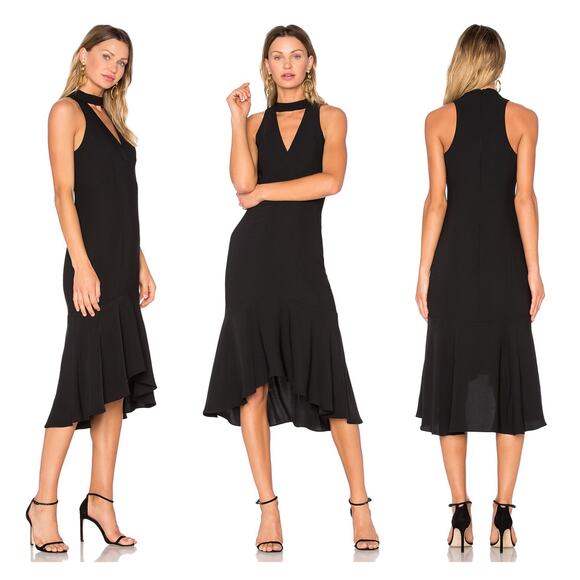 Amanda Uprichard Valentina Flounce Hem Midi Dress Choker Neck Black Size S - Picture 1 of 7
